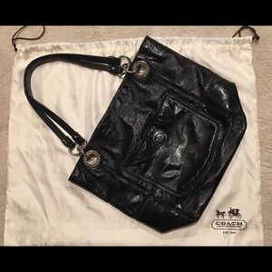 Coach Black patent Alex tote with silver detail.